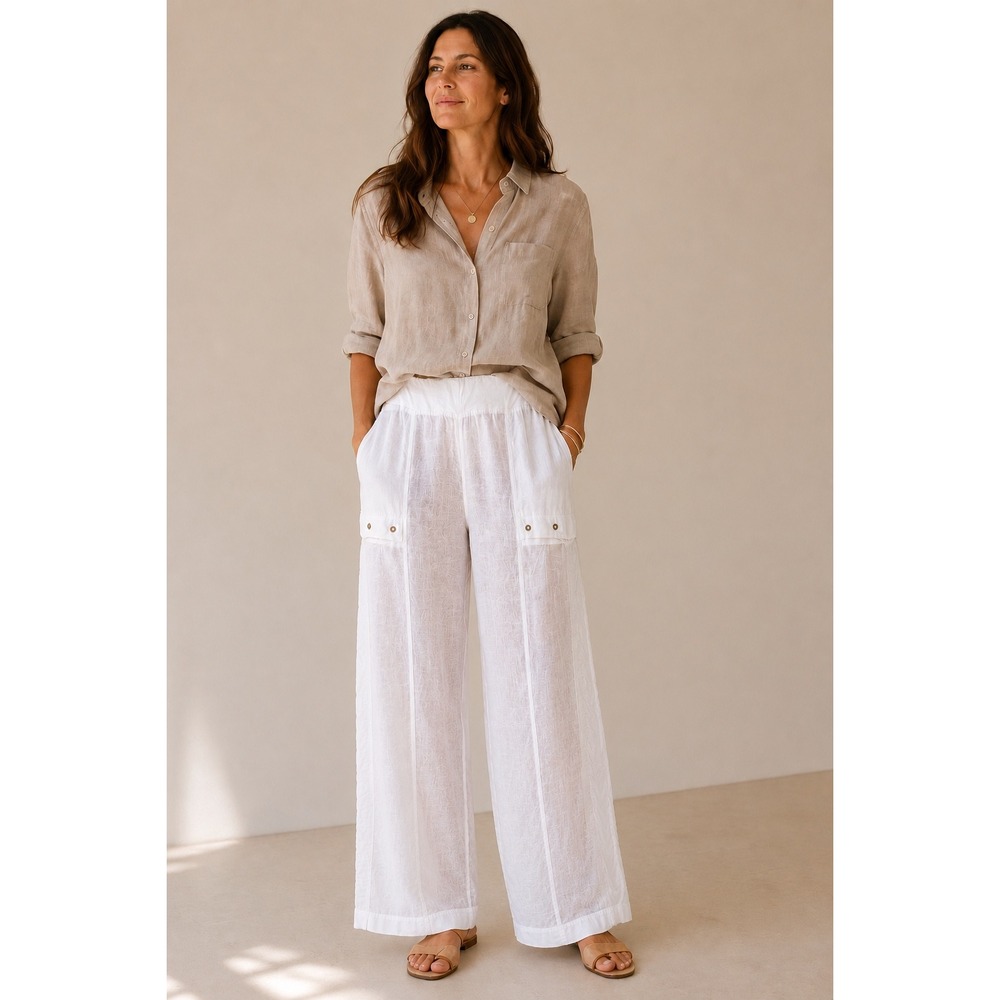XCVI Sanfrid White Linen Wide Leg Pants Knit Waistband Style 22550 Women Lrg NWT